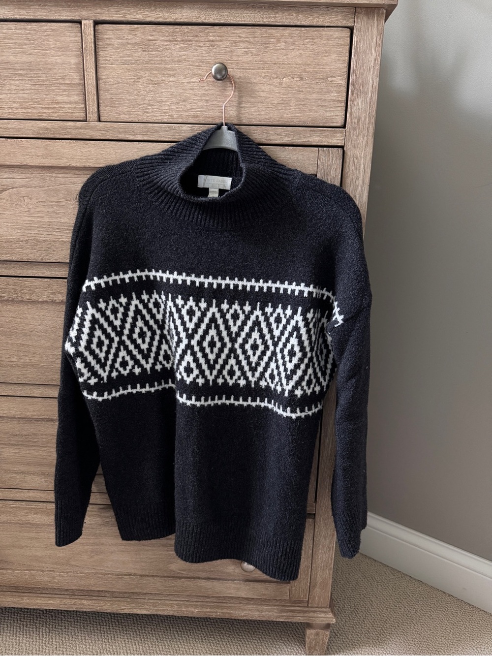Women's Black Turtleneck Sweater with White Geometric Band